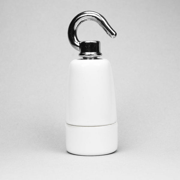 Enamel Shades E14 (SES) White Ceramic Lampholder with silver hook