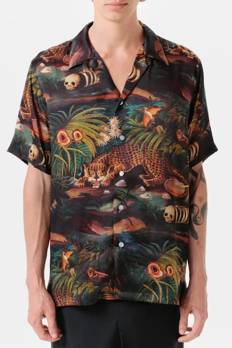 Endless Joy LEOPARDO JUNGLE SILK SATIN SHORT SLEEVE SHIRT