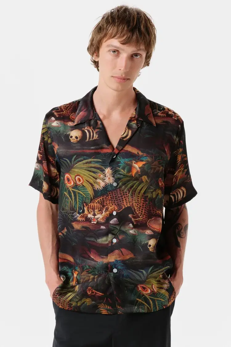 Endless Joy LEOPARDO JUNGLE SILK SATIN SHORT SLEEVE SHIRT