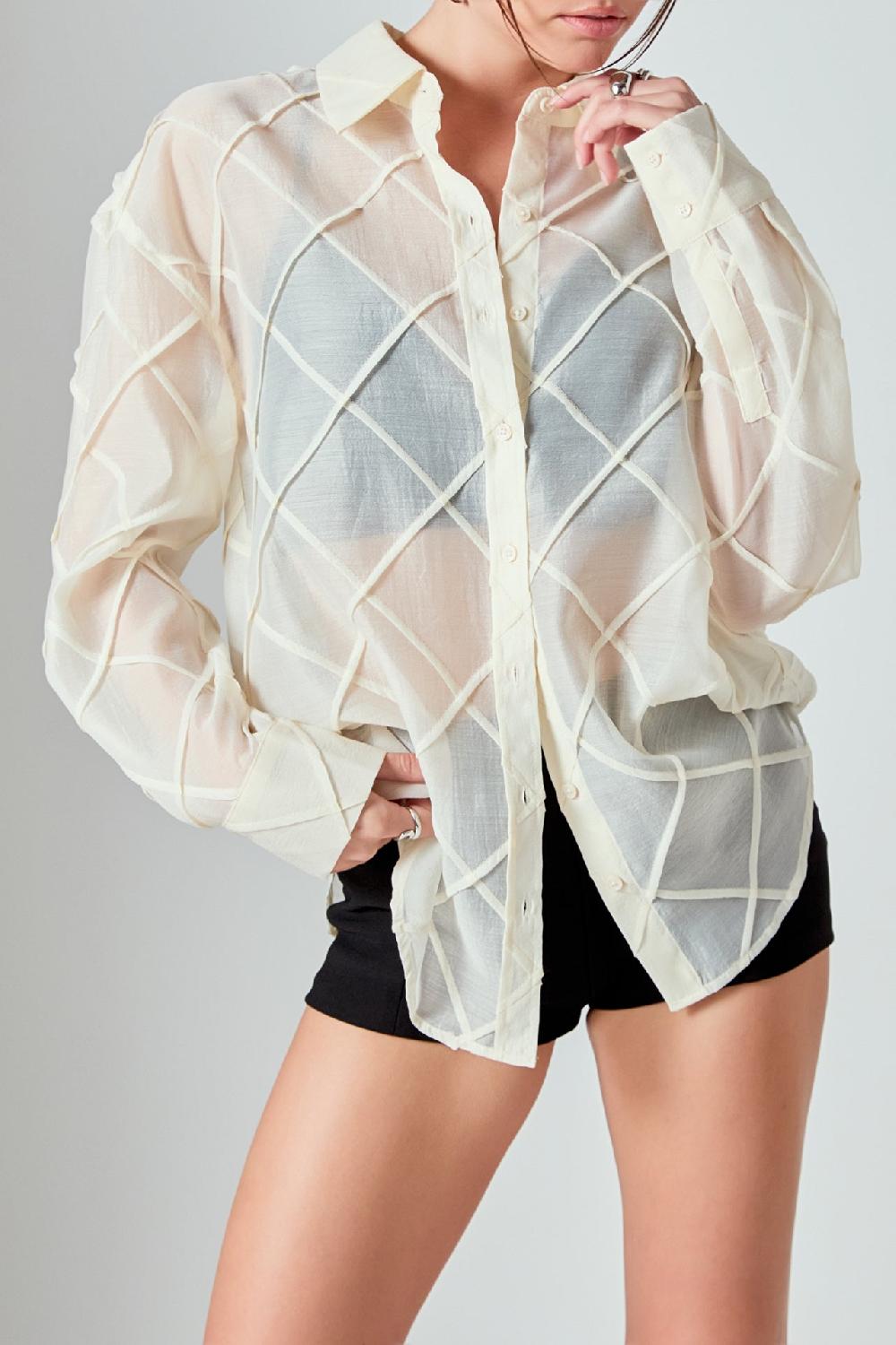Endless Rose Alix Textured Checked Organza Long Sleeve Shirt CREAM