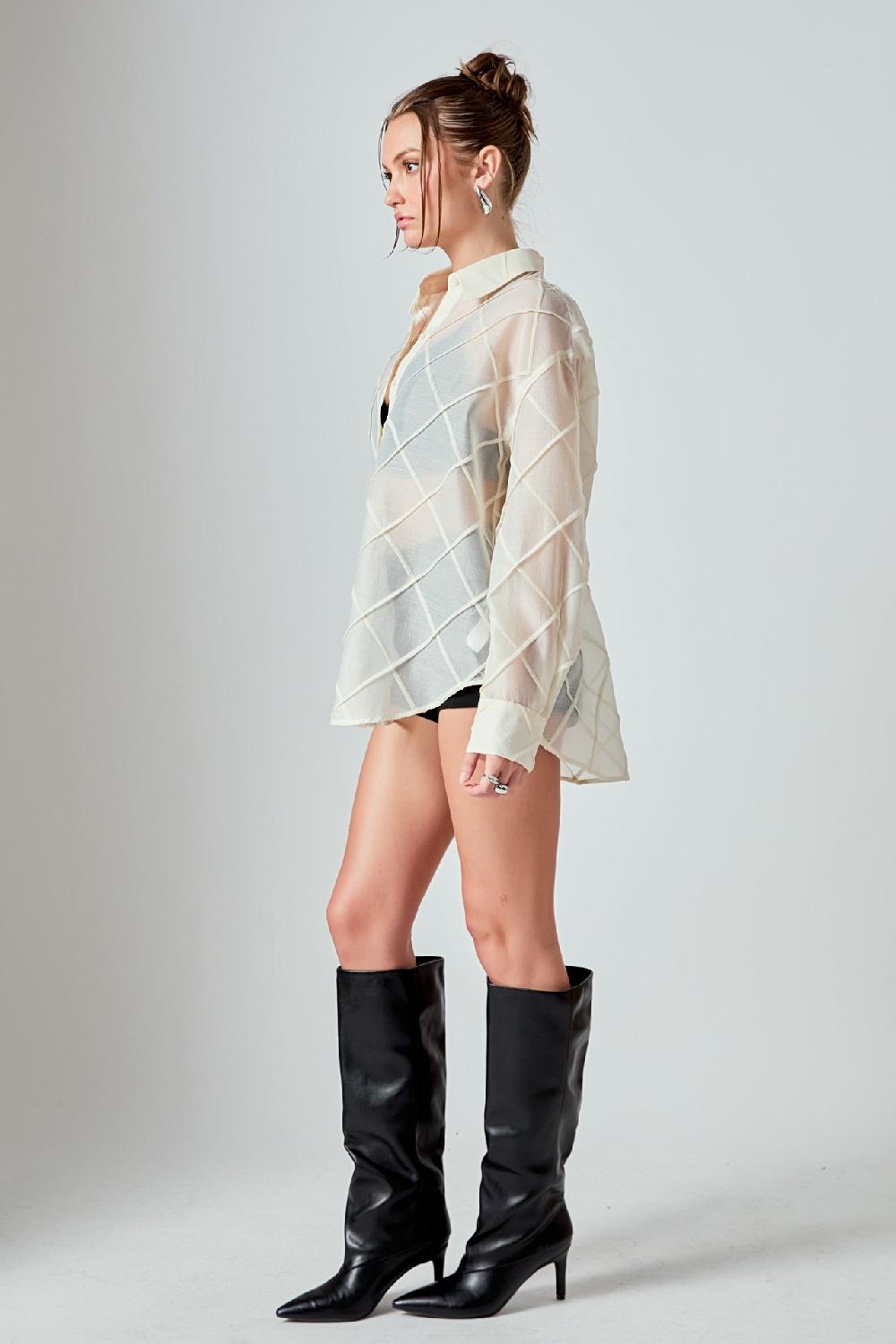 Endless Rose Alix Textured Checked Organza Long Sleeve Shirt CREAM