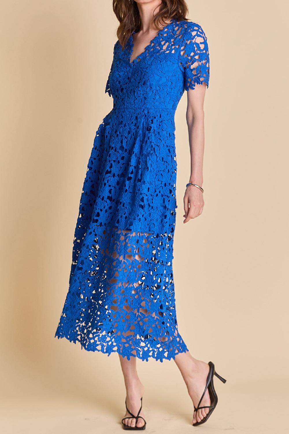 Endless Rose All Over Lace Short Sleeves Midi Dress COBALT BLUE