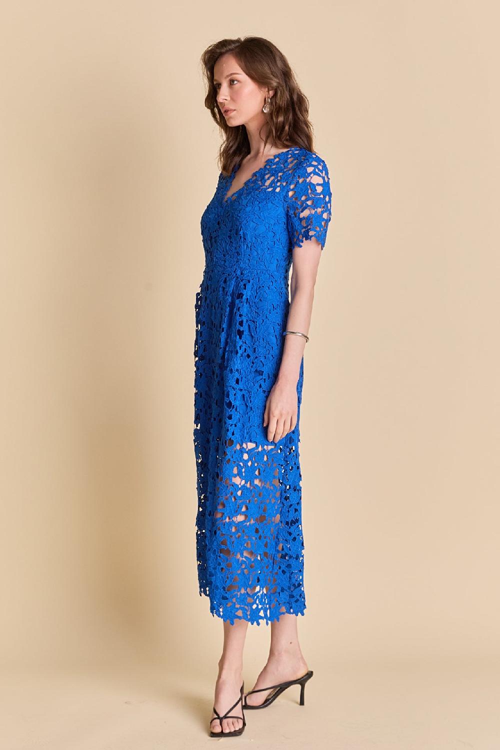 Endless Rose All Over Lace Short Sleeves Midi Dress COBALT BLUE