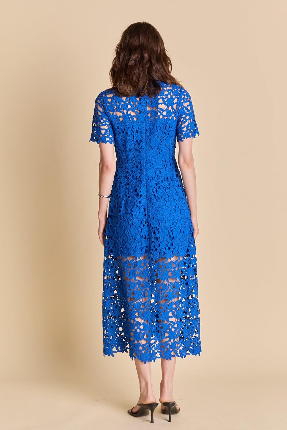 Endless Rose All Over Lace Short Sleeves Midi Dress COBALT BLUE