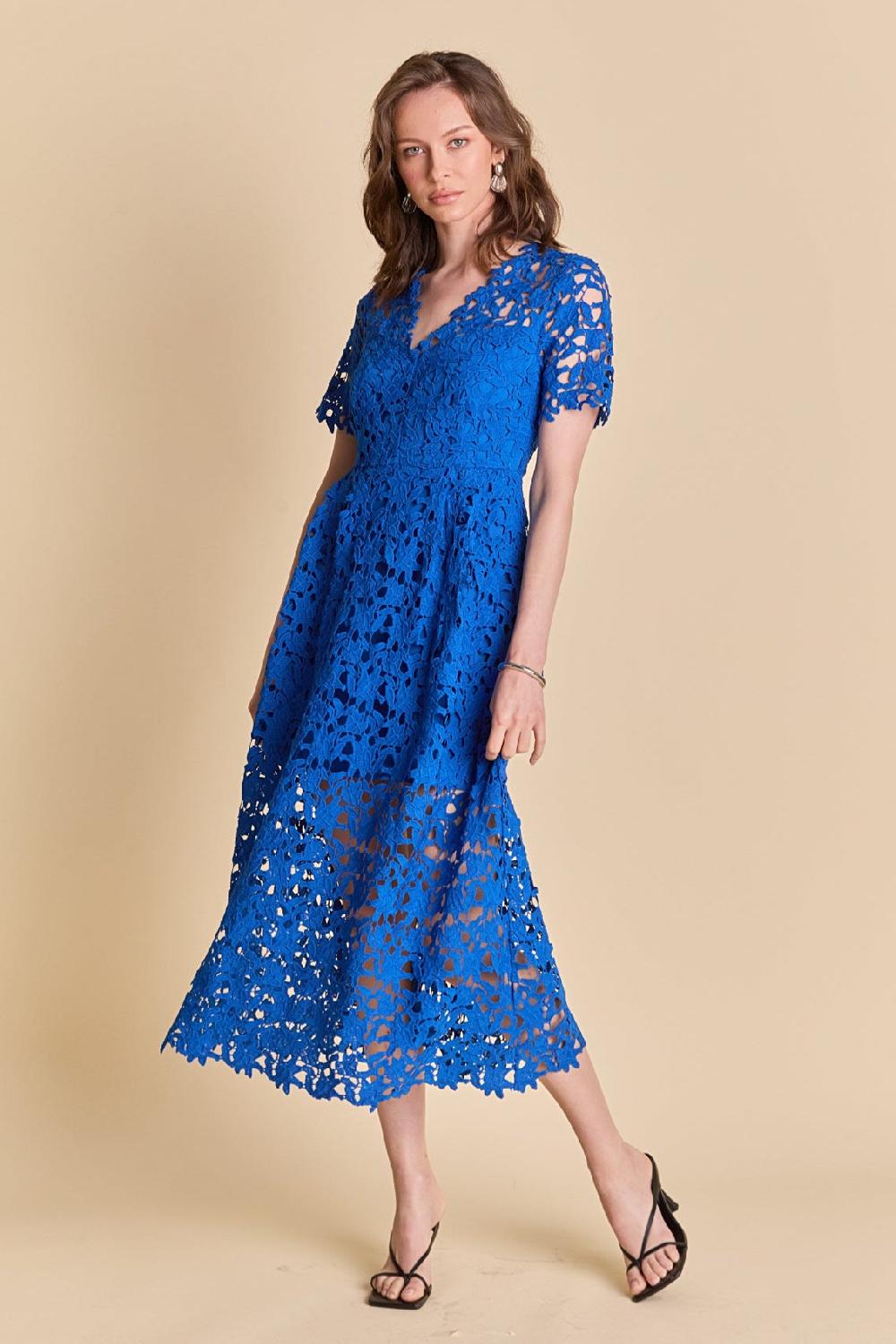 endless rose All Over Lace Short Sleeves Midi Dress COBALT BLUE