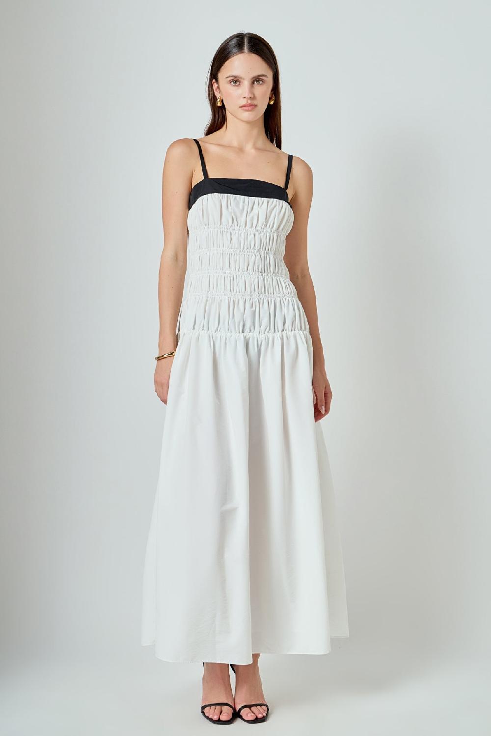 endless rose Amara Smocked Taffeta Maxi Dress WHITE/BLACK