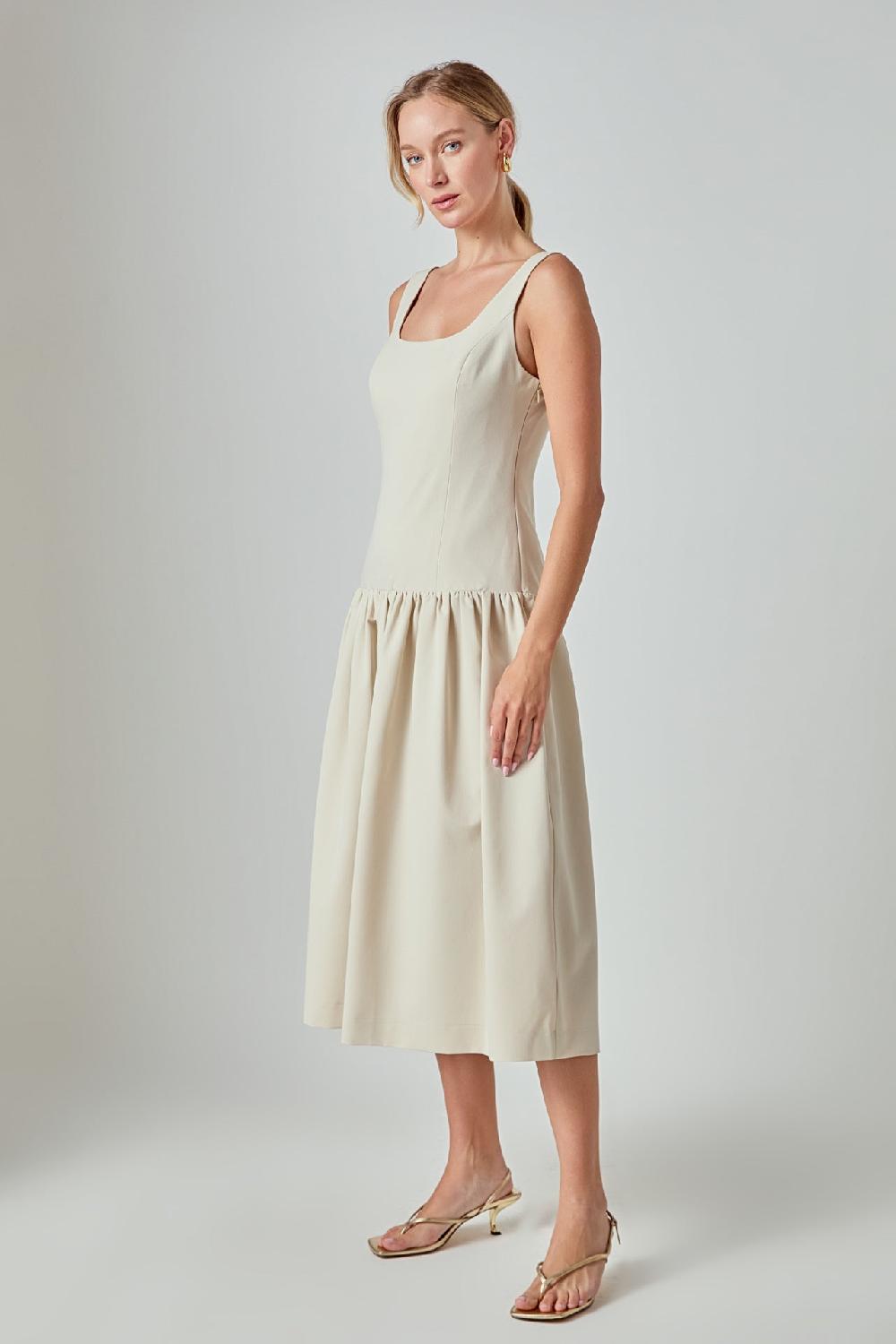 Endless Rose Amber Drop Waist Peplum Midi Dress BEIGE