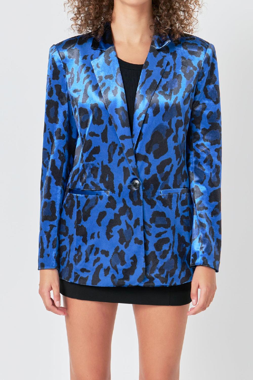 Endless Rose Animal Print Velvet Blazer COBALT BLUE