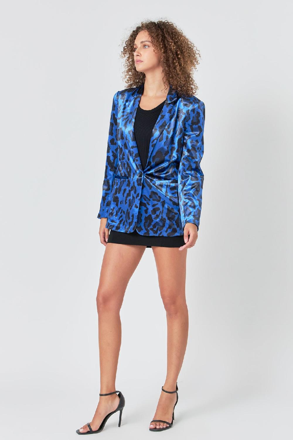 Endless Rose Animal Print Velvet Blazer COBALT BLUE
