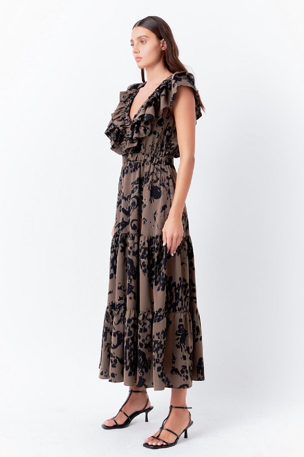 Endless Rose Animal Printed Ruffled Maxi Dress OLIVE/BLACK