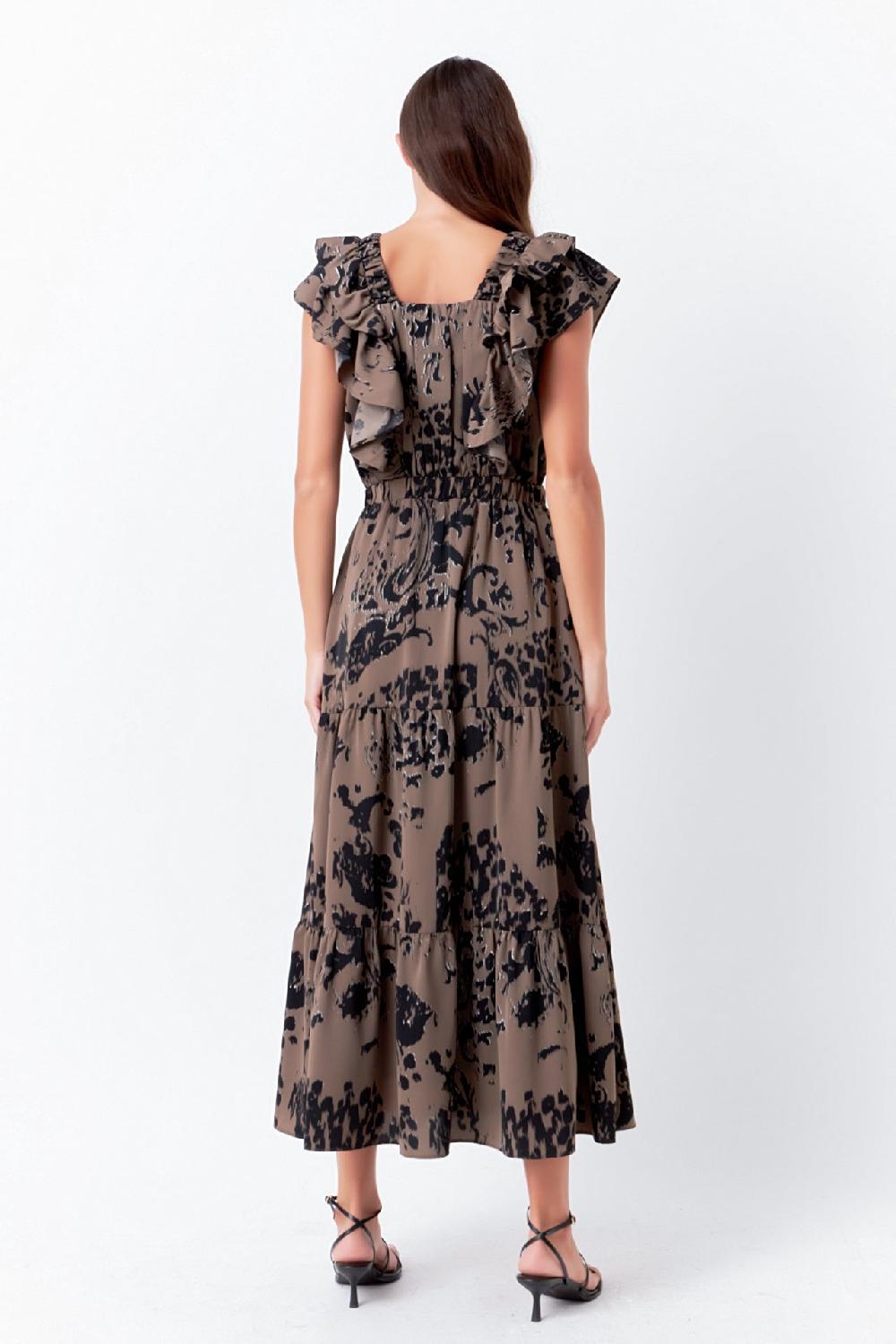 Endless Rose Animal Printed Ruffled Maxi Dress OLIVE/BLACK