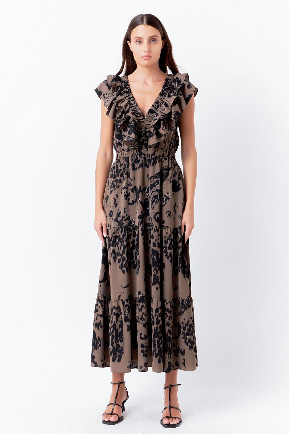 endless rose Animal Printed Ruffled Maxi Dress OLIVE/BLACK