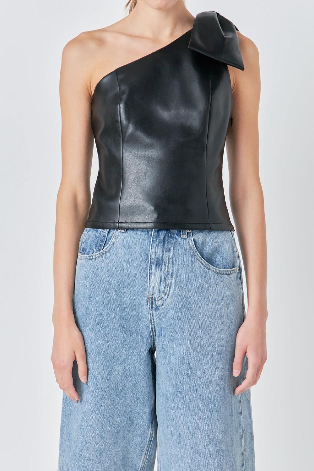 Endless Rose Asymmetric Faux Leather Top With Bow Tie BLACK