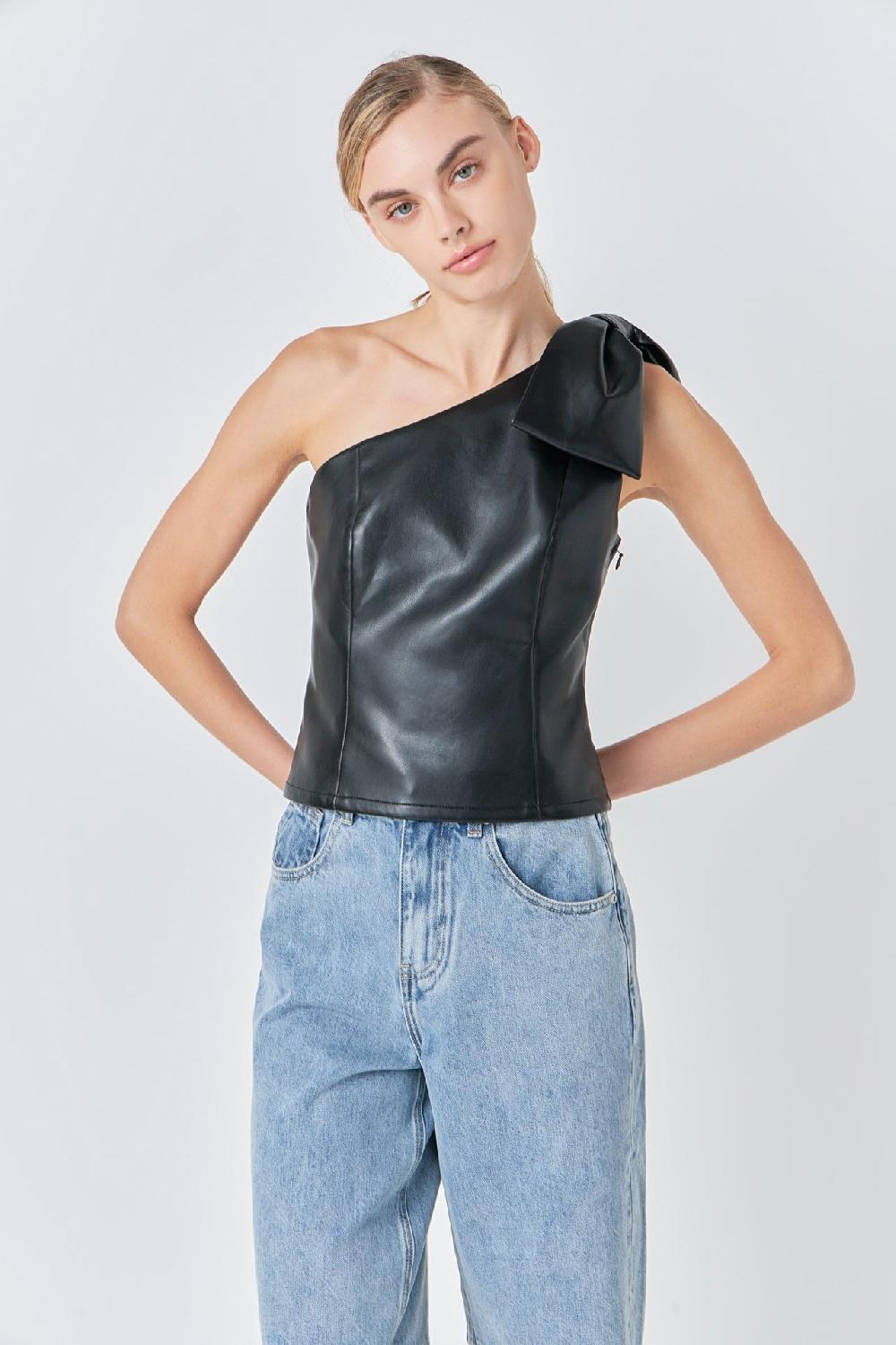 endless rose Asymmetric Faux Leather Top with Bow Tie BLACK