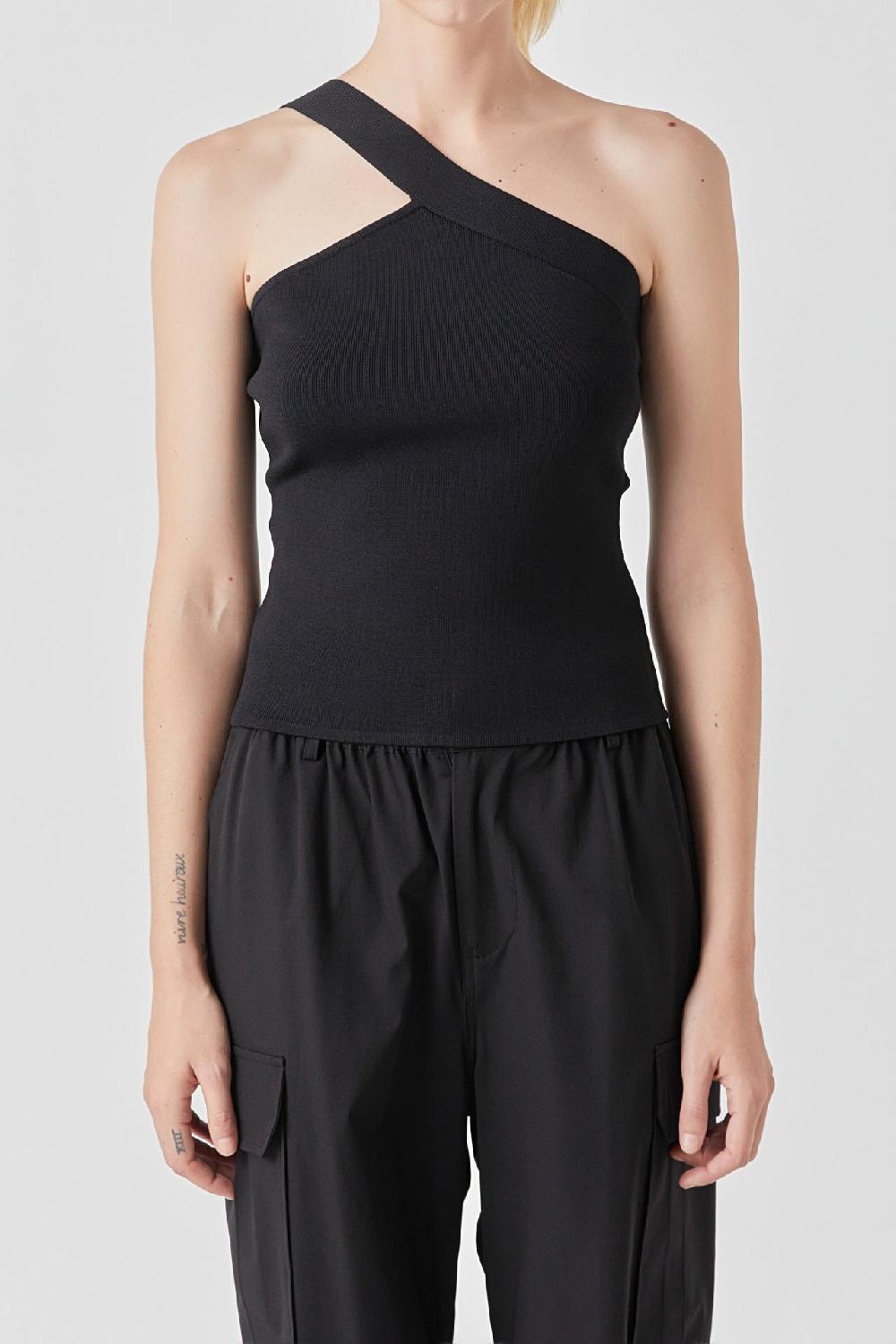 Endless Rose Asymmetrical One-Shoulder Knit Tank Top BLACK