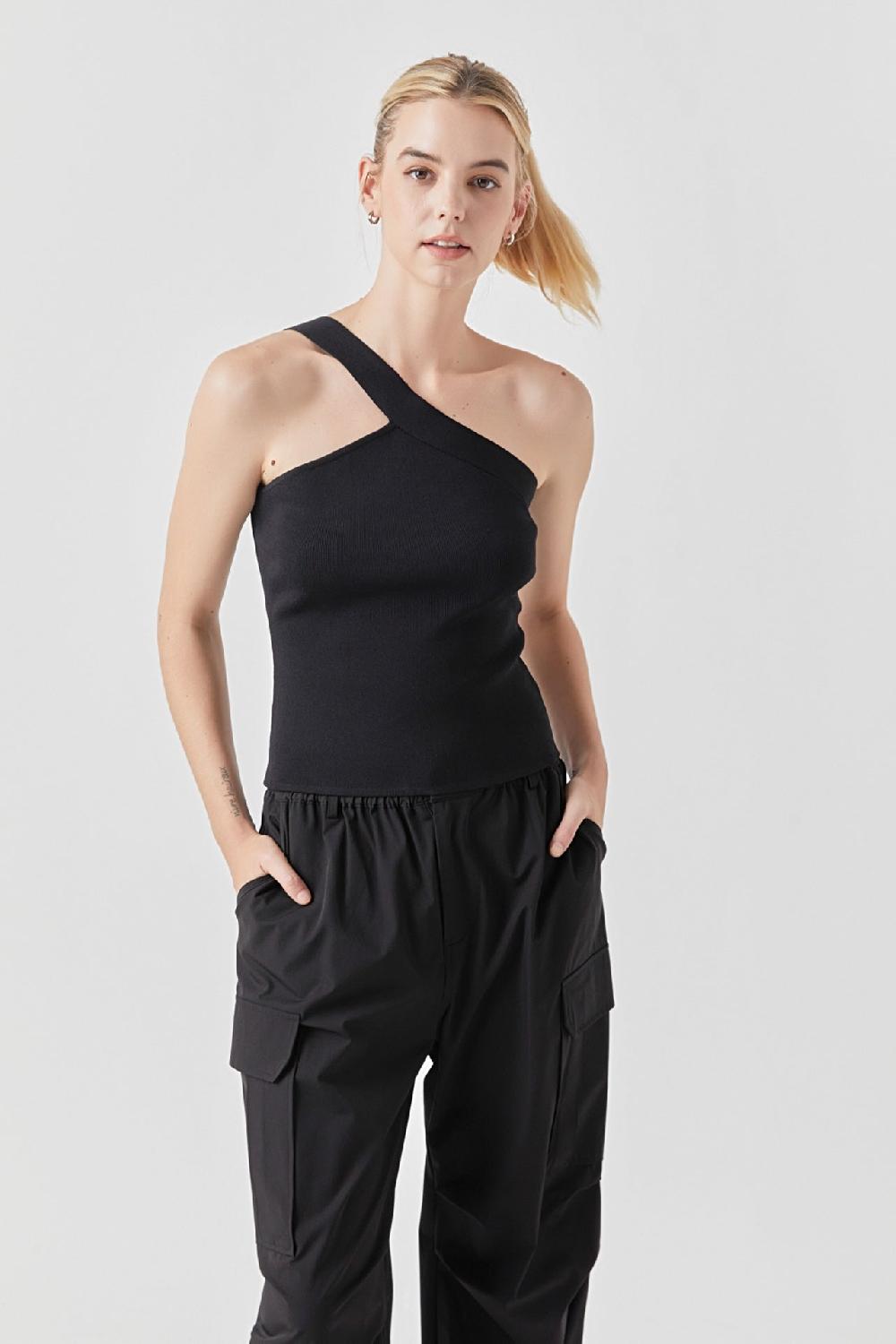 endless rose Asymmetrical One-Shoulder Knit Tank Top BLACK