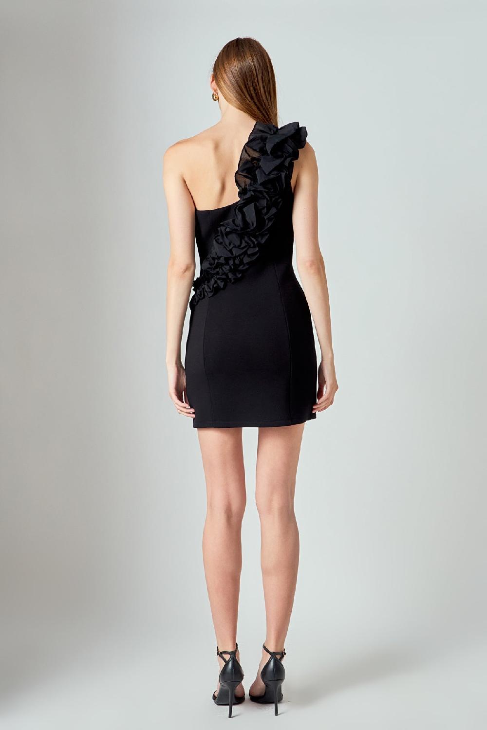 Endless Rose Asymmetrical Ruffle Stretch Mini Dress BLACK