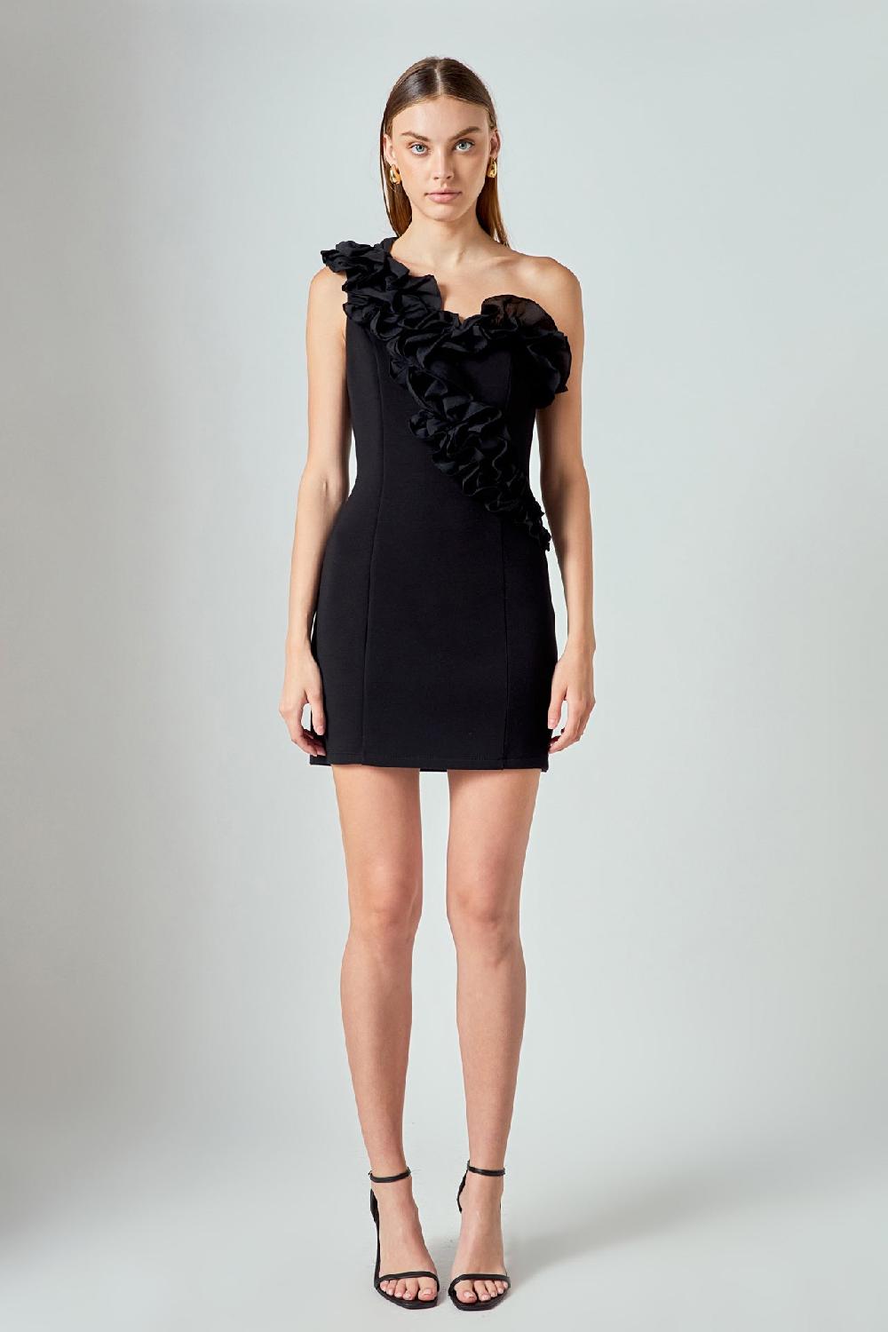 endless rose Asymmetrical Ruffle Stretch Mini Dress BLACK