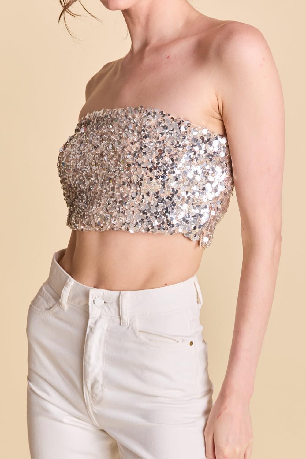 Endless Rose Beaded Sequins Strapless Top BEIGE/SILVER