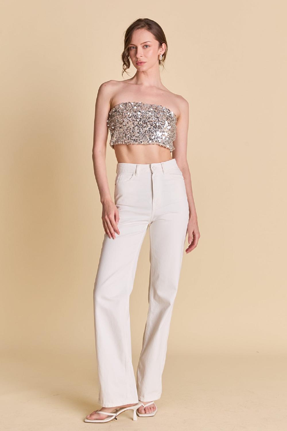 Endless Rose Beaded Sequins Strapless Top BEIGE/SILVER