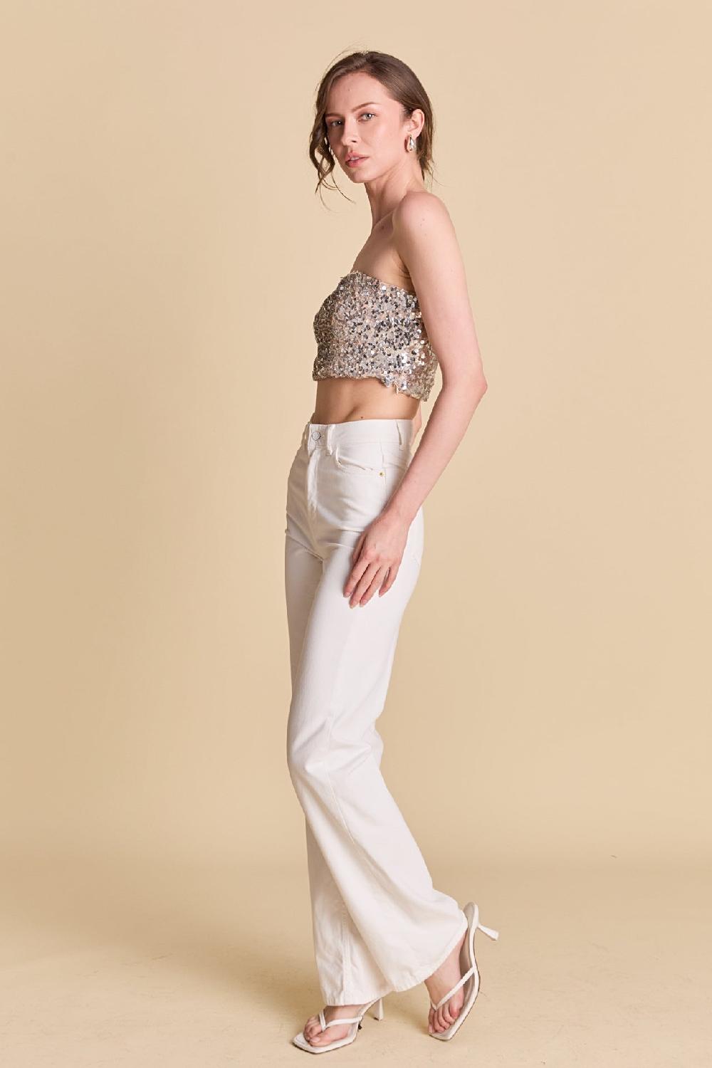 Endless Rose Beaded Sequins Strapless Top BEIGE/SILVER