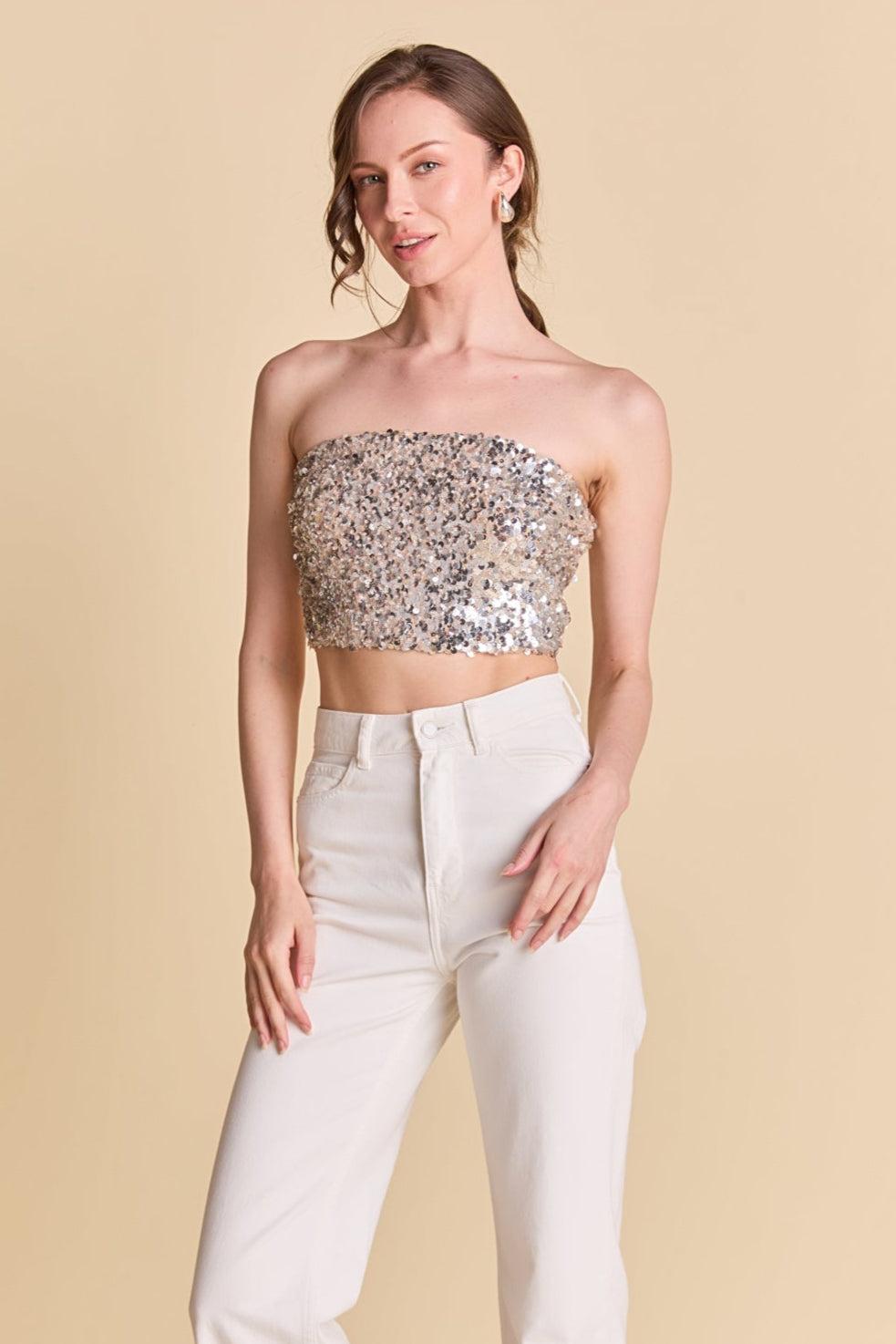 endless rose Beaded Sequins Strapless Top BEIGE/SILVER