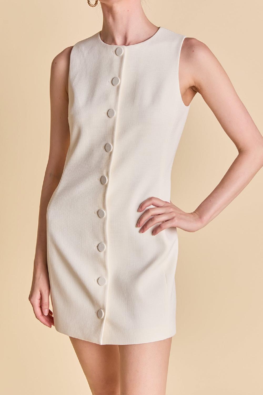 Endless Rose Blend Round Neck Buttoned Mini Dress CREAM