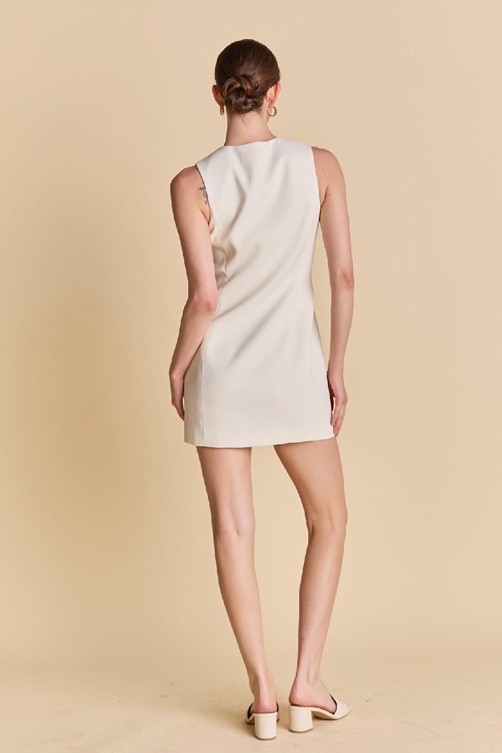 Endless Rose Blend Round Neck Buttoned Mini Dress CREAM