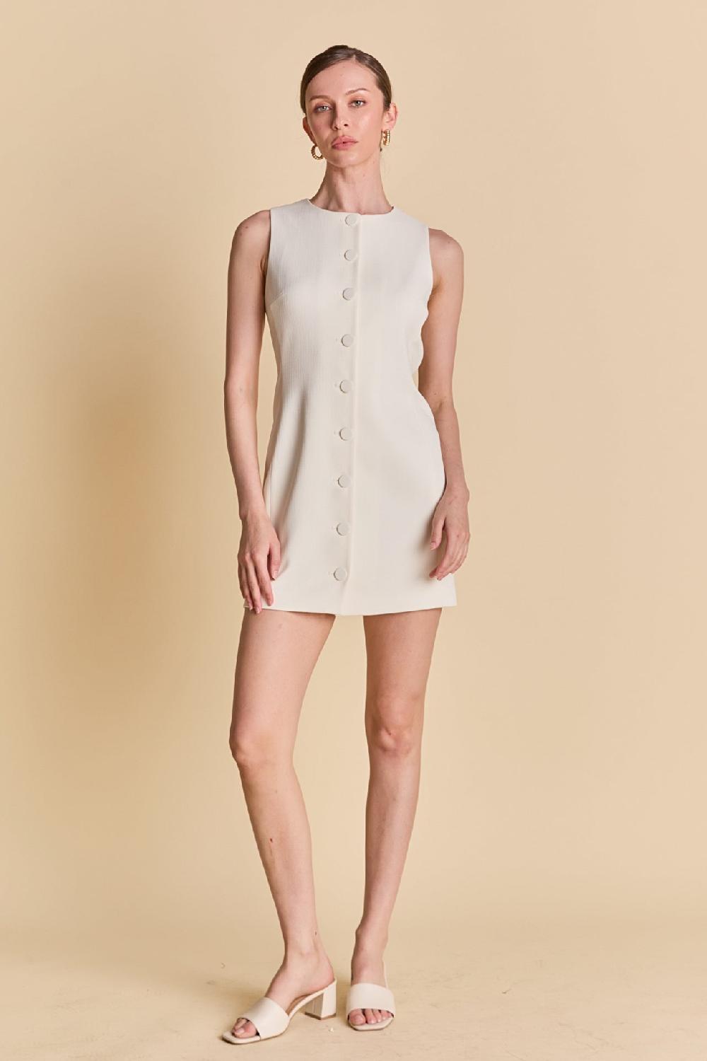 endless rose Blend Round Neck Buttoned Mini Dress CREAM