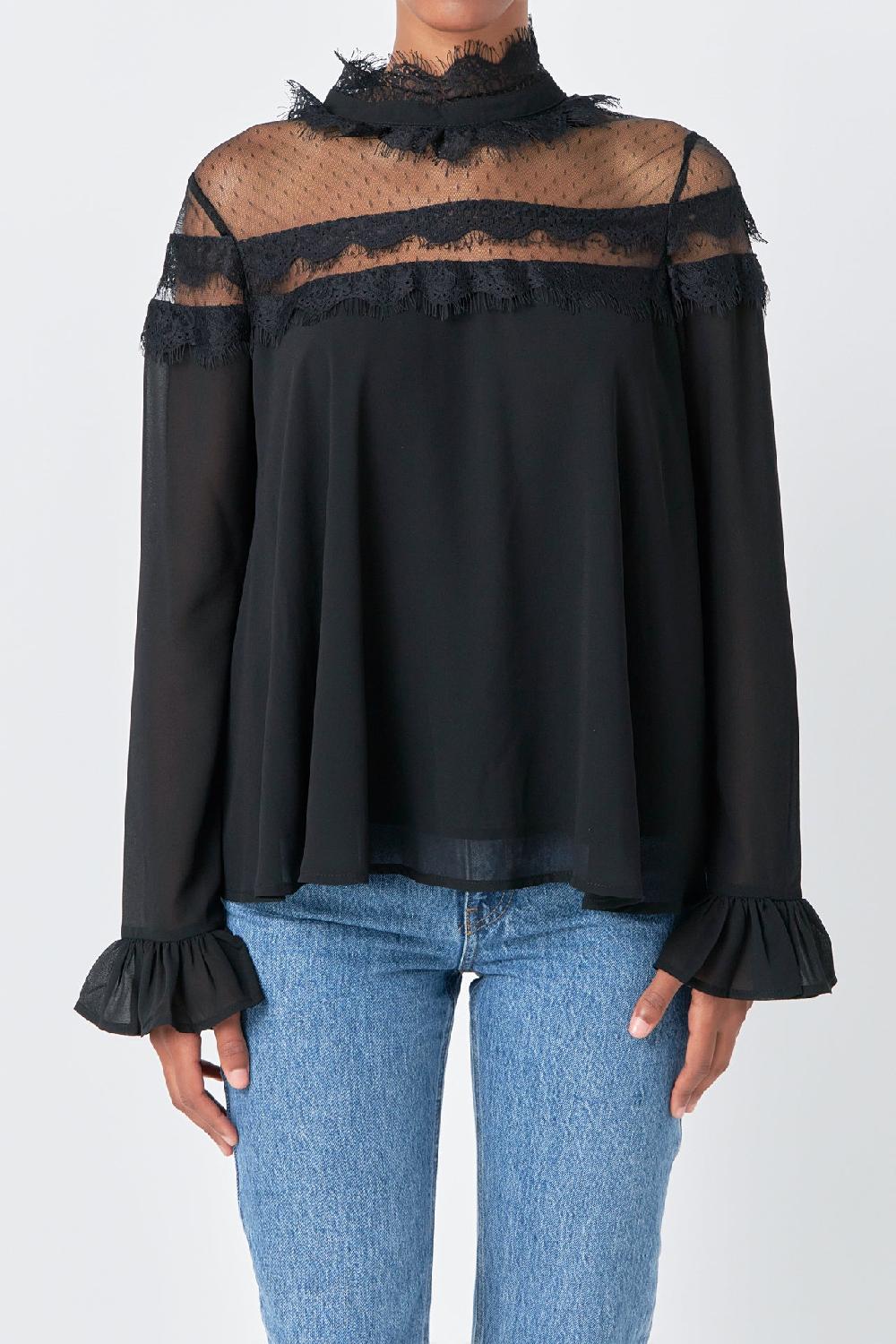 Endless Rose Blouse With Mesh Yoke And Lace Trim Detail BLACK