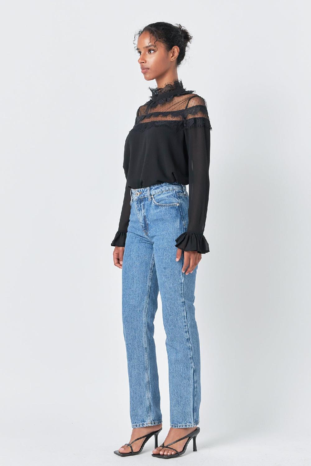 Endless Rose Blouse With Mesh Yoke And Lace Trim Detail BLACK