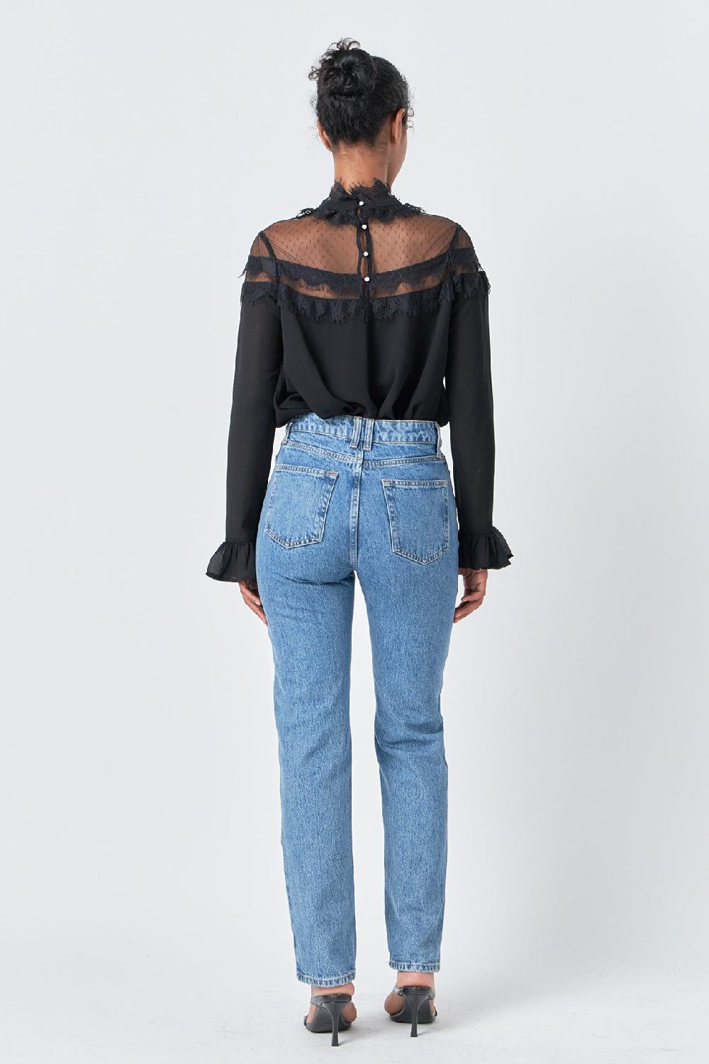 Endless Rose Blouse With Mesh Yoke And Lace Trim Detail BLACK