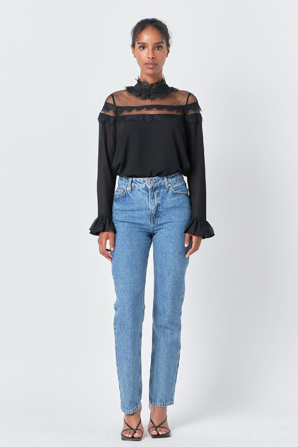 endless rose Blouse with Mesh Yoke and Lace Trim Detail BLACK