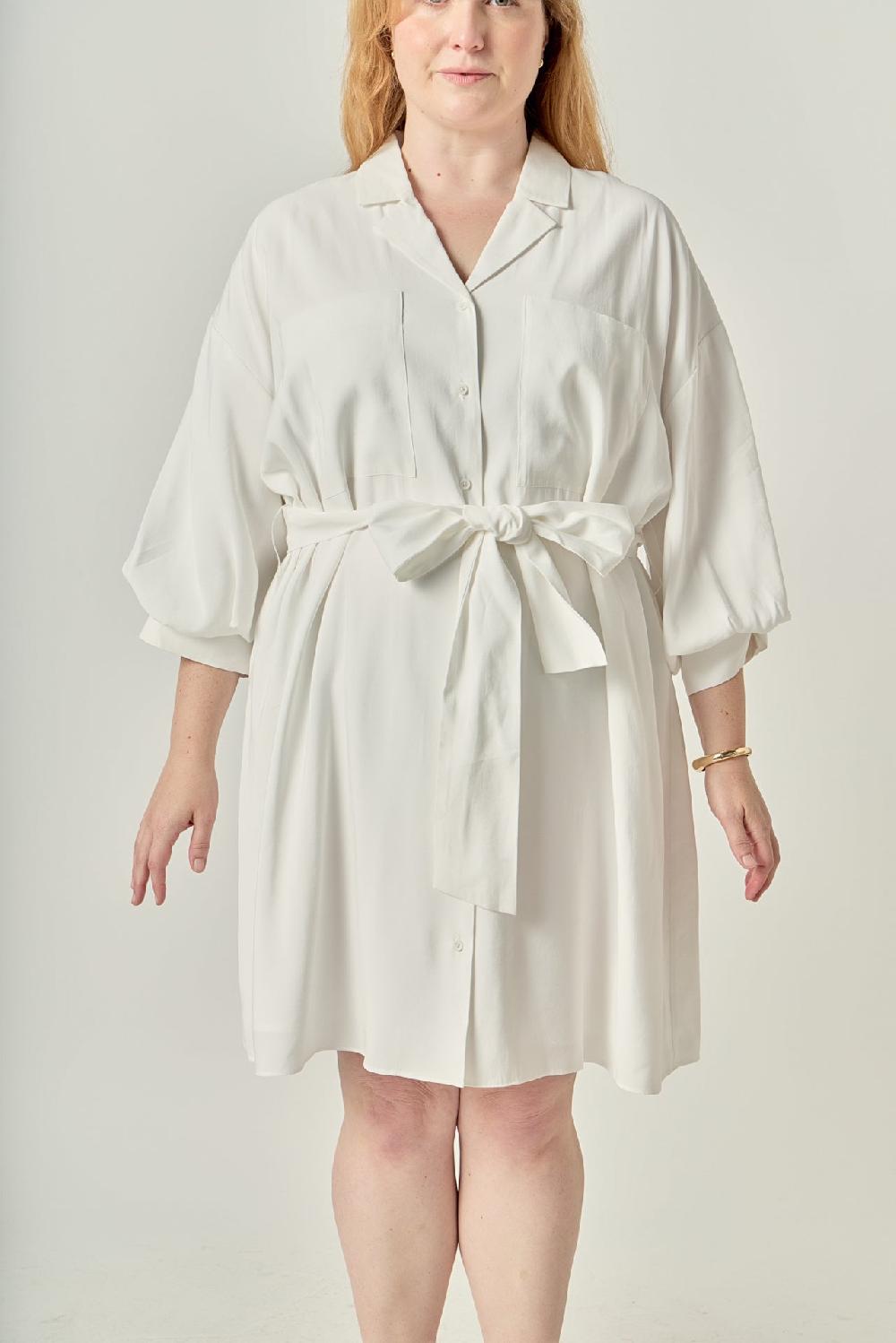 Endless Rose Blouson Sleeve Belted Shirt Dress WHITE