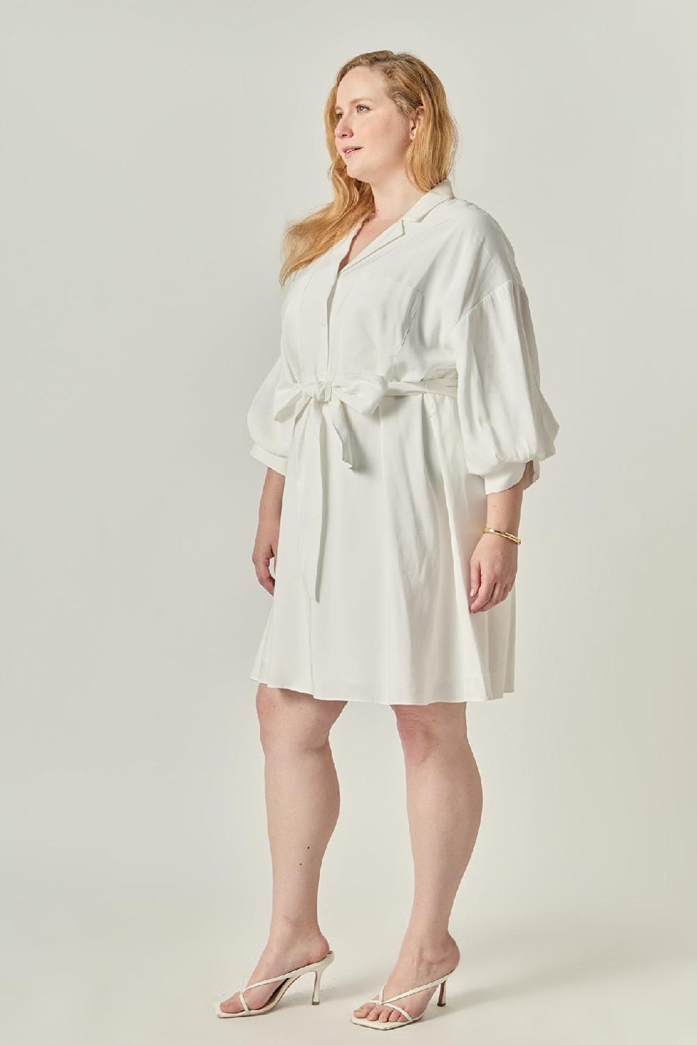 Endless Rose Blouson Sleeve Belted Shirt Dress WHITE