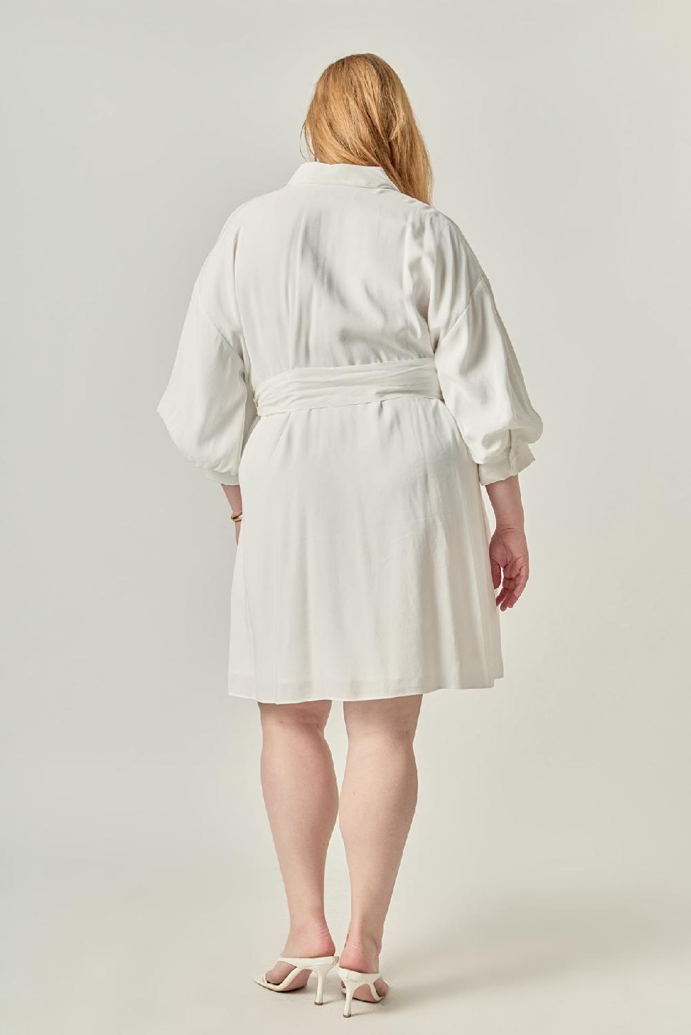 Endless Rose Blouson Sleeve Belted Shirt Dress WHITE