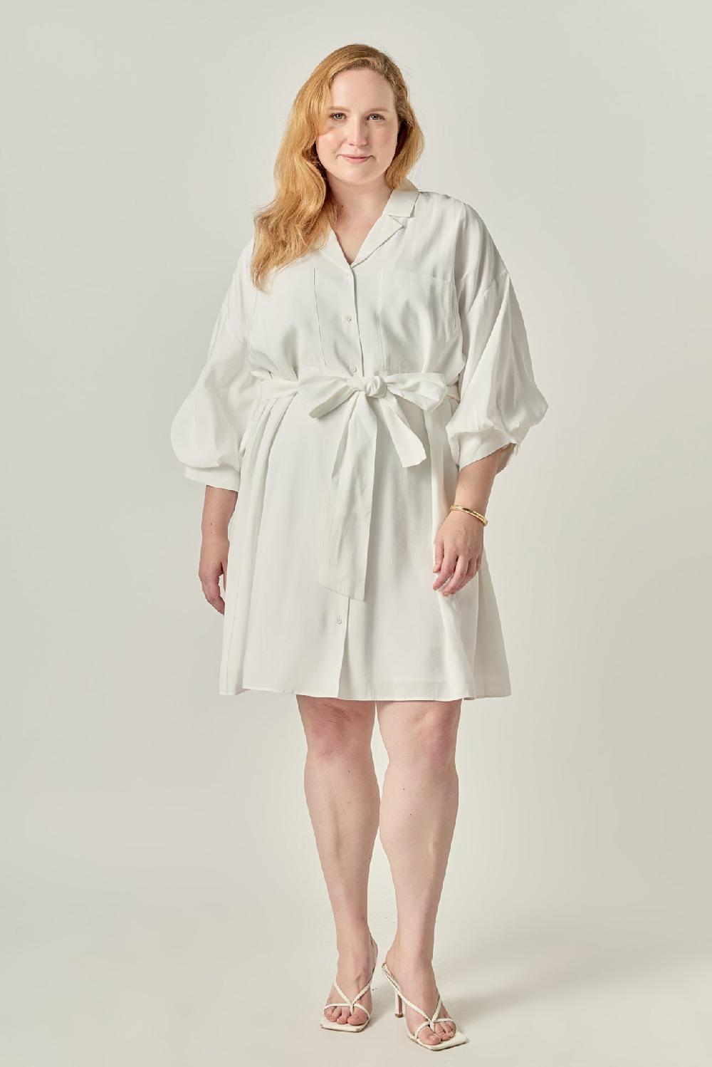 endless rose Blouson Sleeve Belted Shirt Dress WHITE