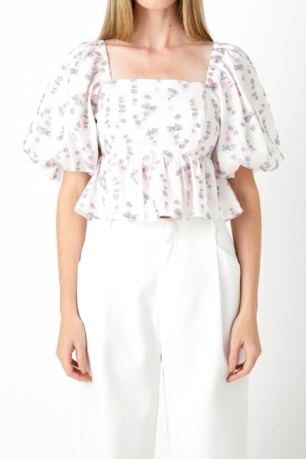 Endless Rose Blouson Sleeve Floral Textured Top IVORY/PINK