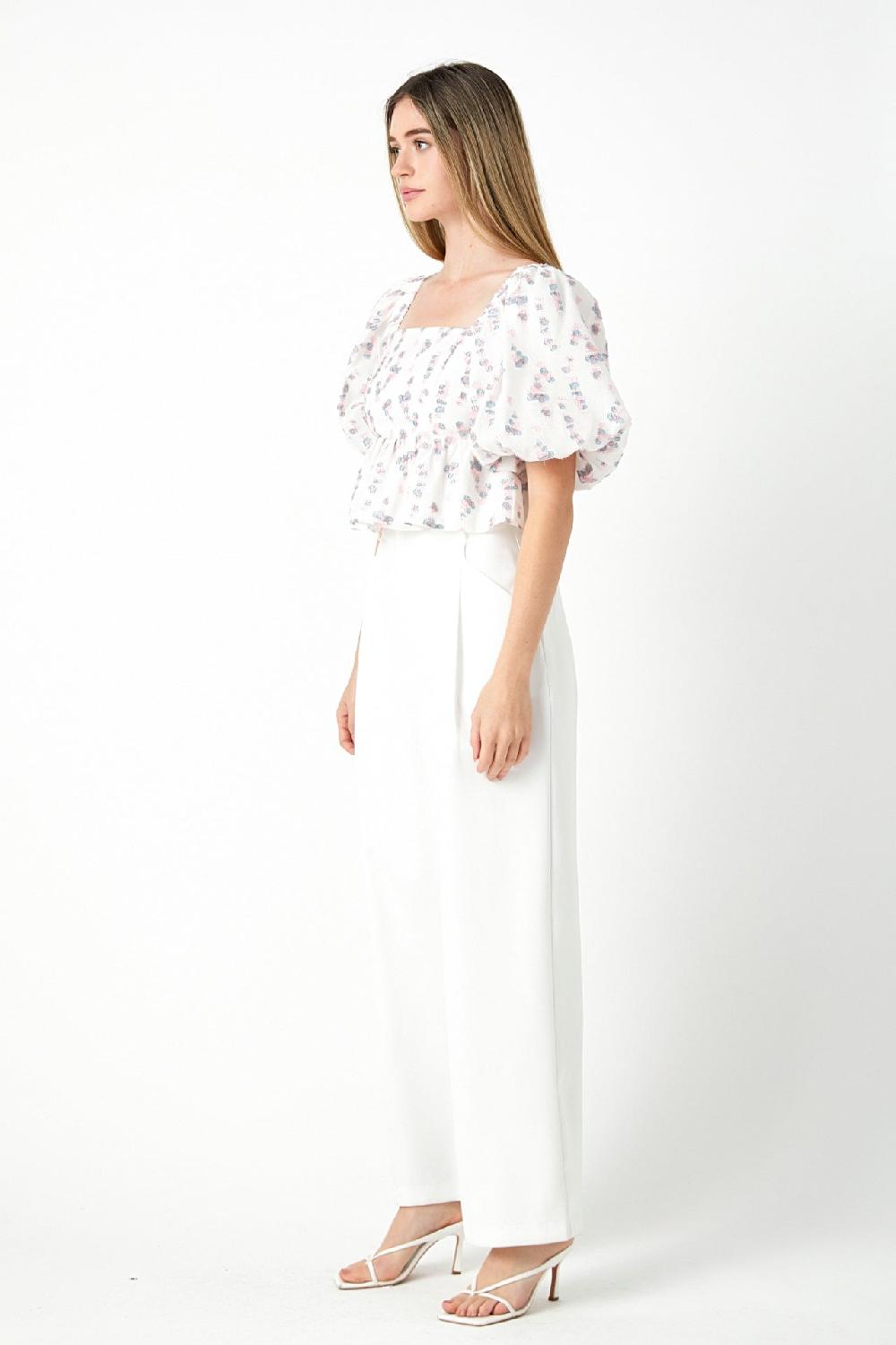Endless Rose Blouson Sleeve Floral Textured Top IVORY/PINK