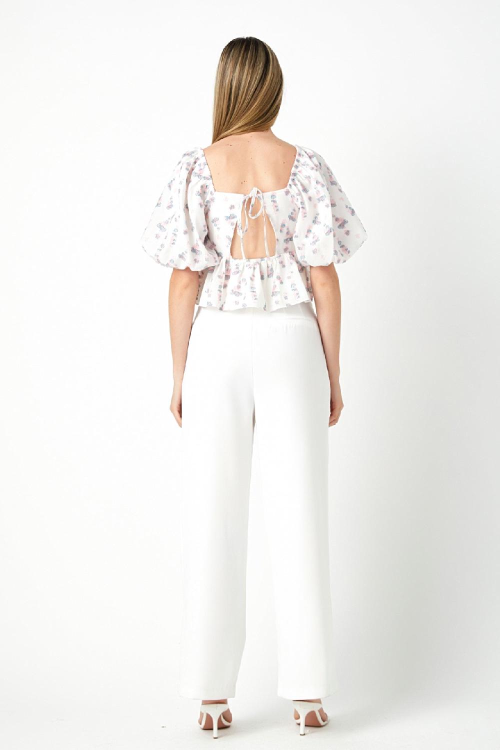 Endless Rose Blouson Sleeve Floral Textured Top IVORY/PINK