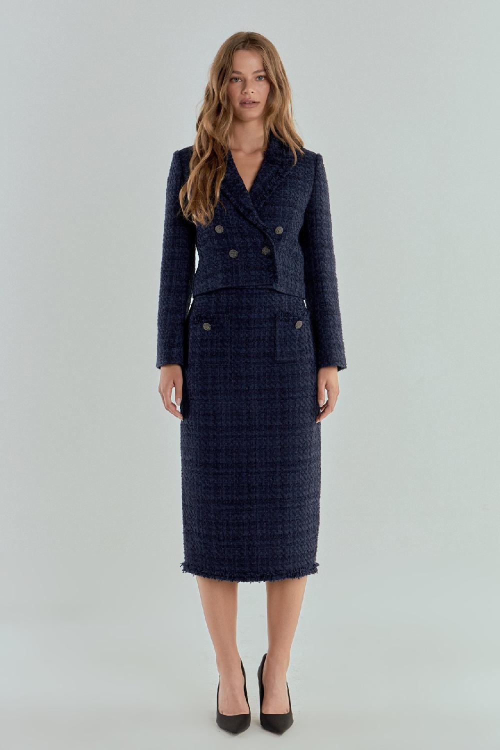 endless rose Boucle Tweed Double Breast Jacket NAVY