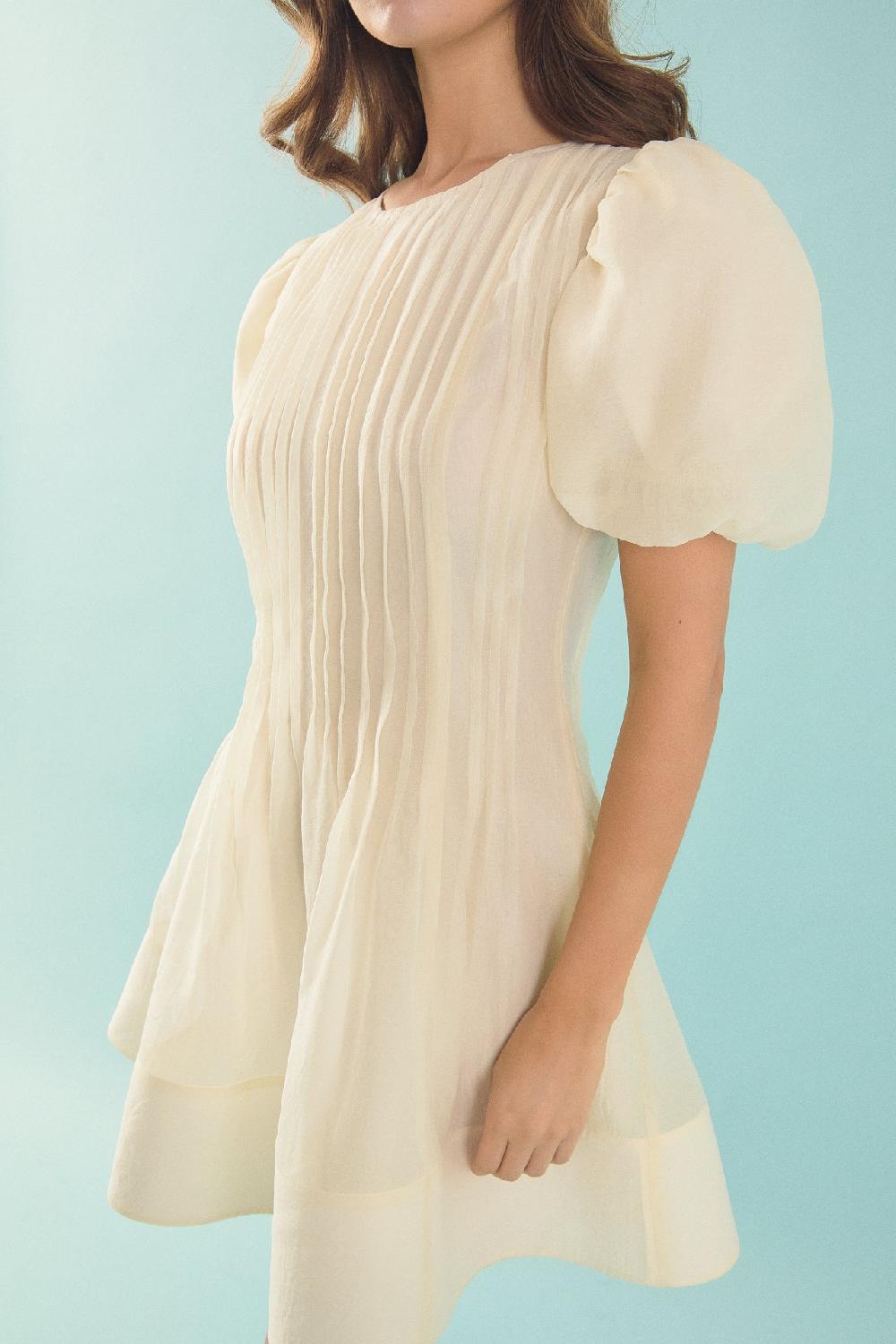 Endless Rose Bridget Organza Pintuck Blouson Puff Sleeve Mini Dress IVORY