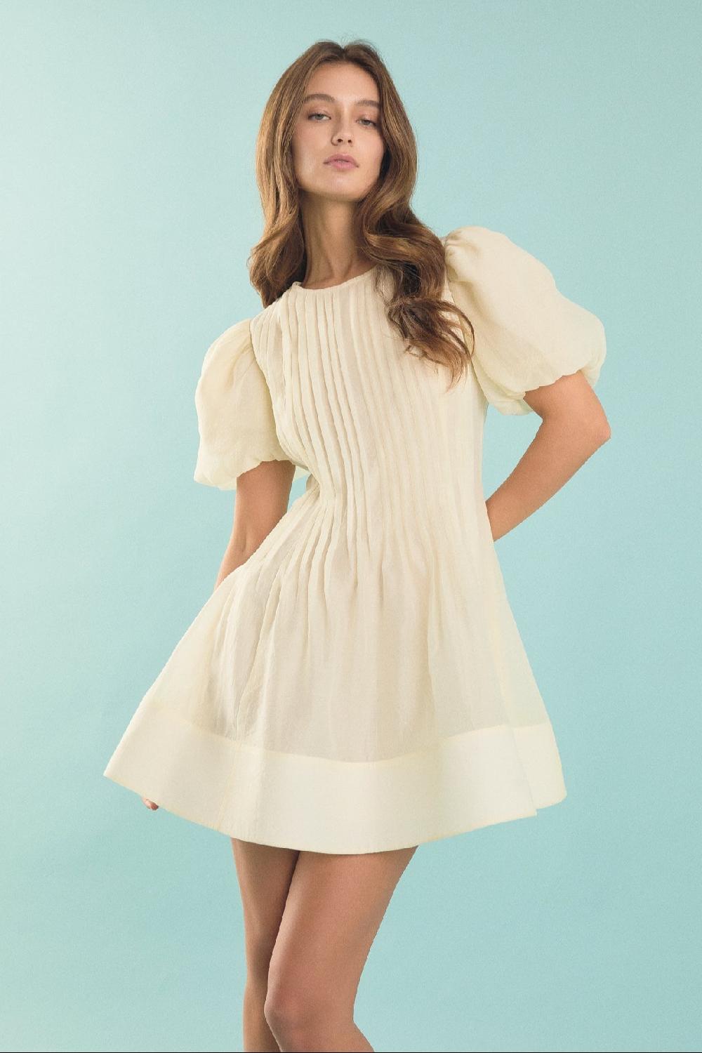 endless rose Bridget Organza Pintuck Blouson Puff Sleeve Mini Dress IVORY