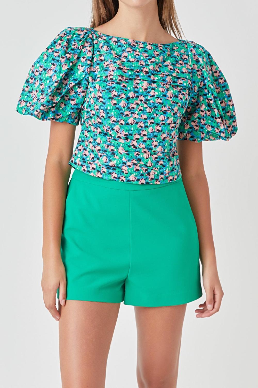 Endless Rose Bright Floral Ruched Poplin Top AQUA MULTI