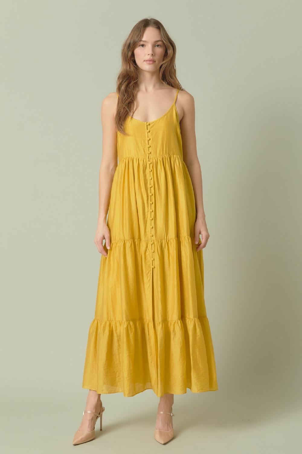 endless rose Button Detail Tiered Maxi Dress MUSTARD