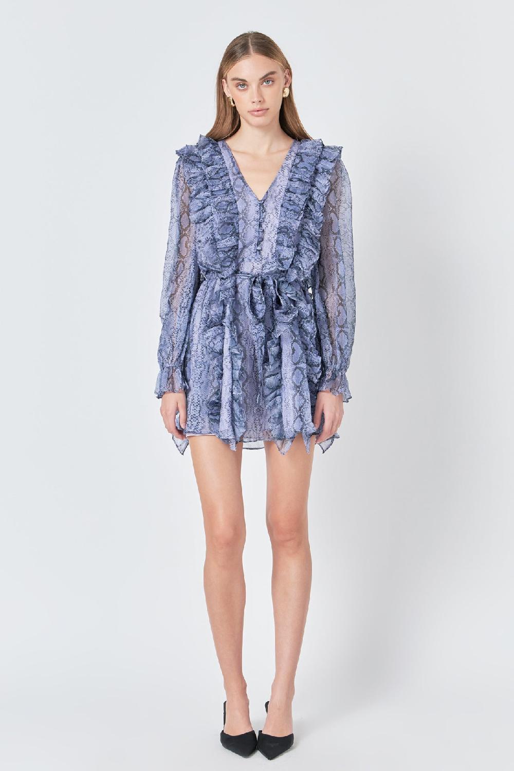 Endless Rose Button Down Long Sleeve Ruffled Mini Dress PURPLE MULTI