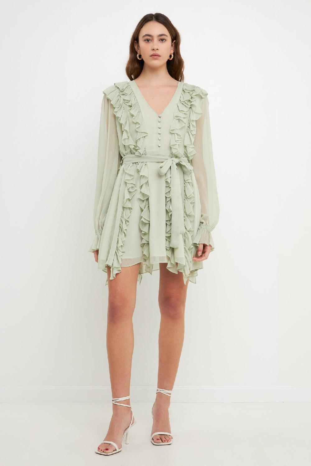 endless rose Button Down Ruffle Mini Dress PISTACHIO