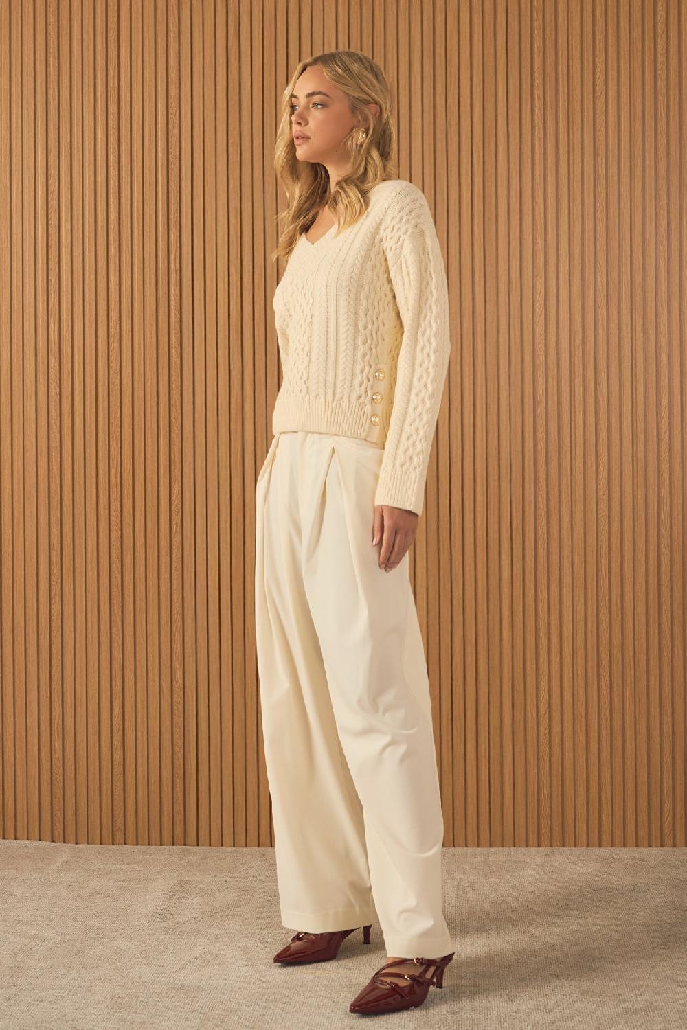 Endless Rose Cable Knit V-Neck Long Sleeve Sweater IVORY