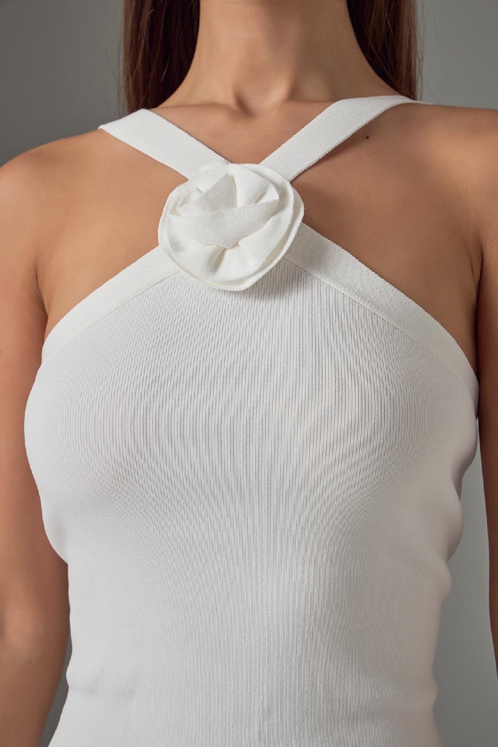 Endless Rose Camille Rosette Halter Knit Mini Dress WHITE