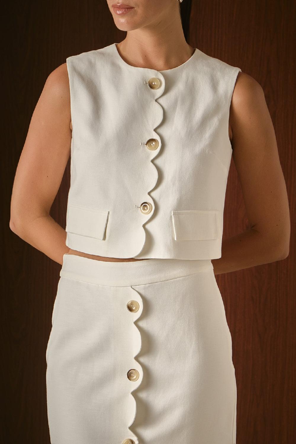 Endless Rose Catherine Scallop Edge Cropped Linen Vest IVORY